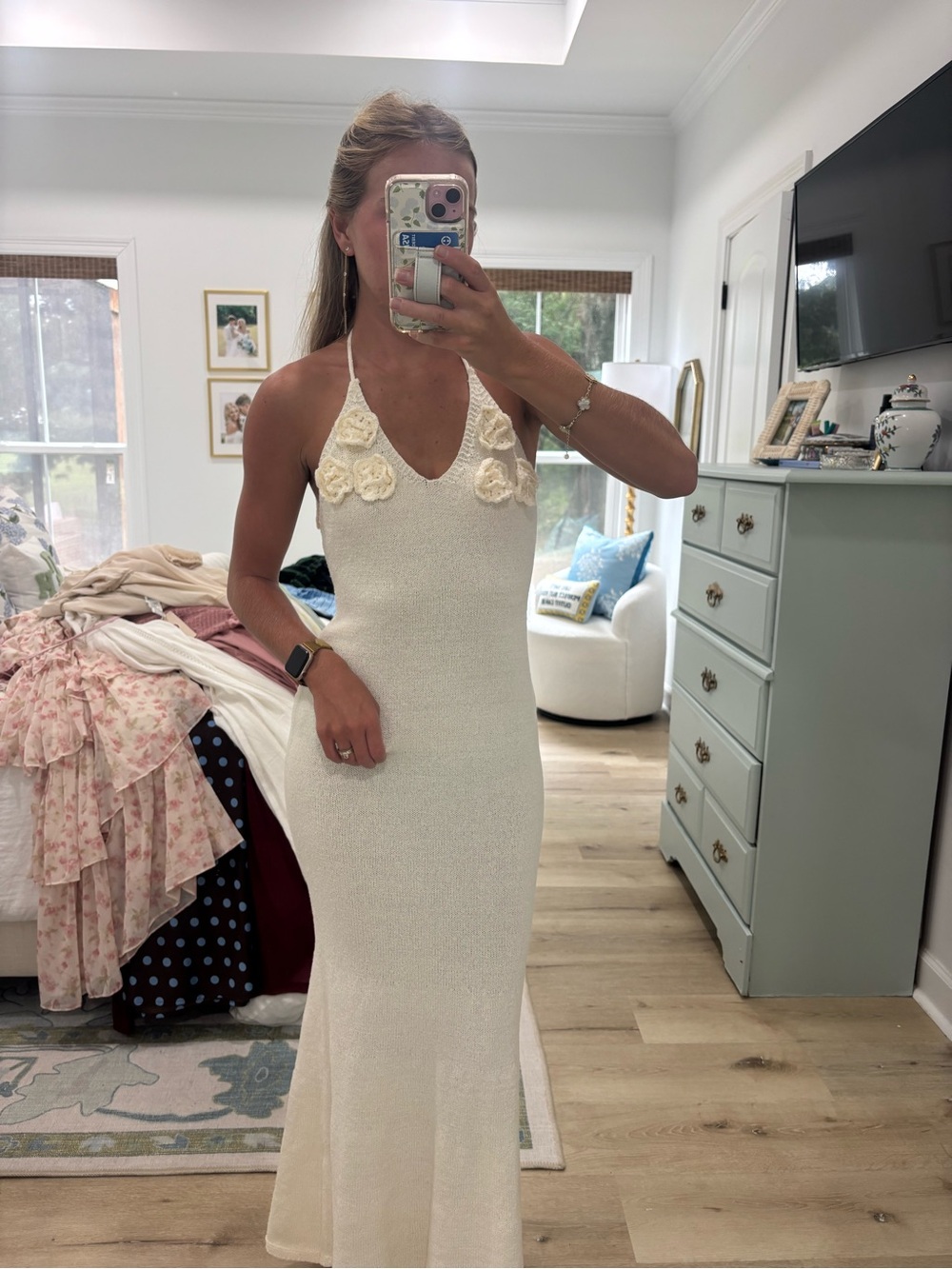SHEIN Cream Backless Crochet Halter Maxi Dress